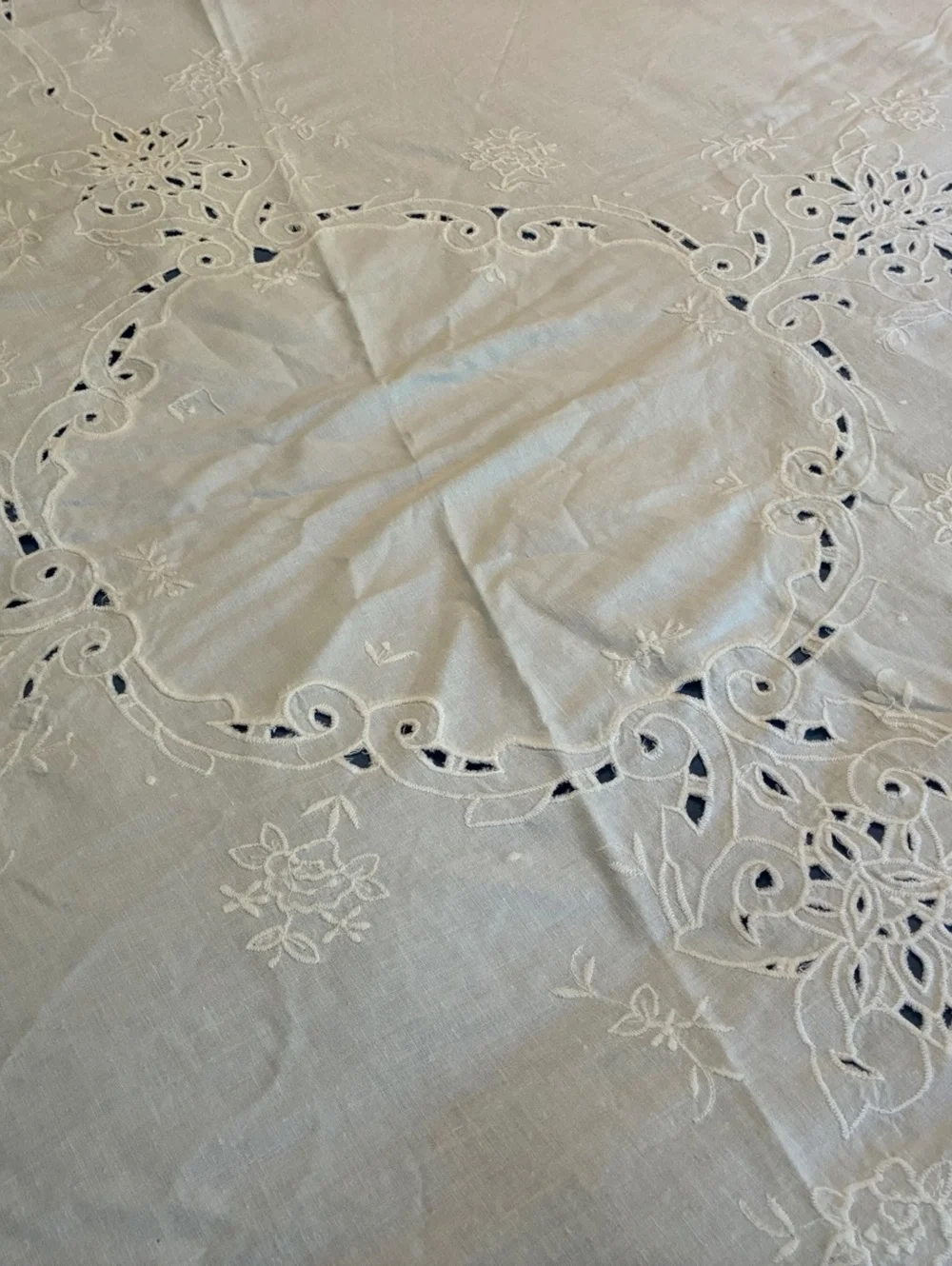 Vintage Round White Embroidered Tablecloth 65